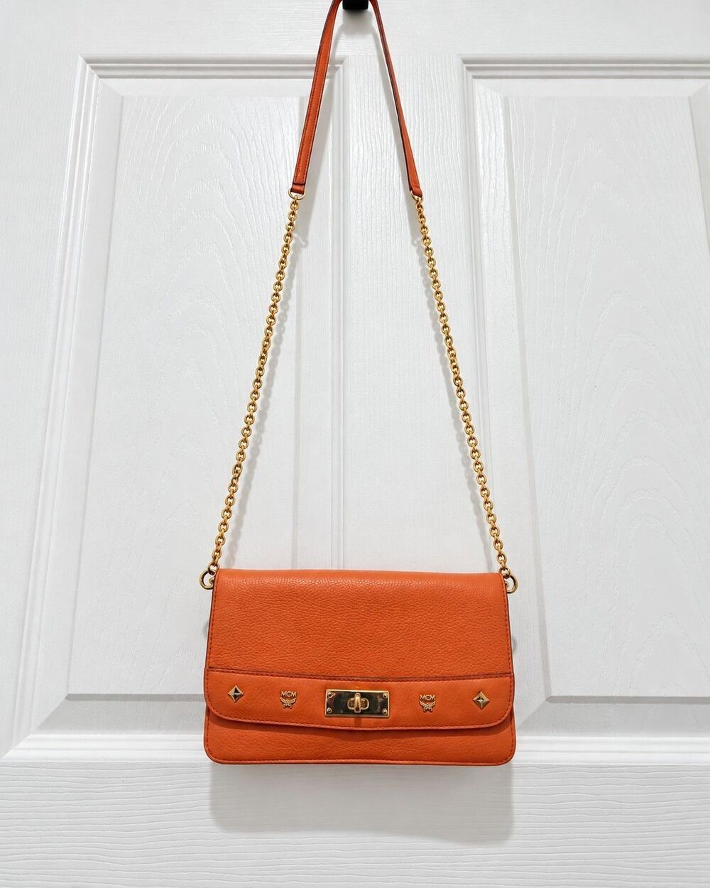 MCM Orange Pebbled Leather Studded Turn Lock Chain Crossbody WOC Bag